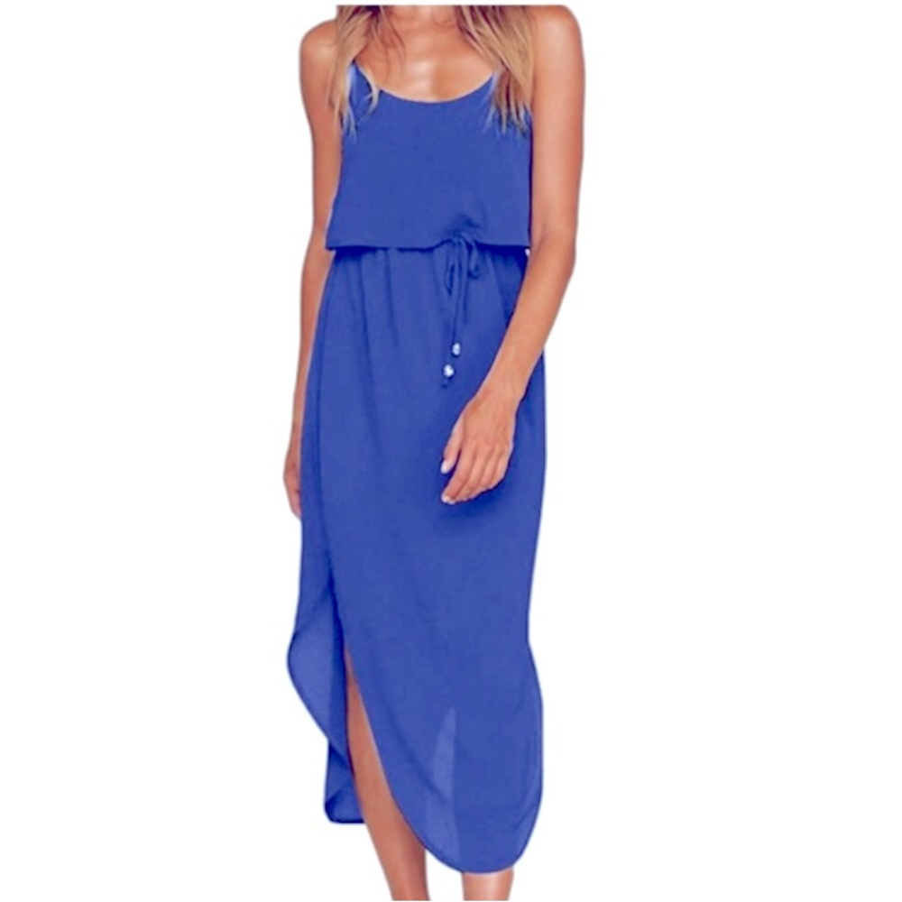 Nerlerolian royal blue high-low cinched waist spaghetti strap waisted dress